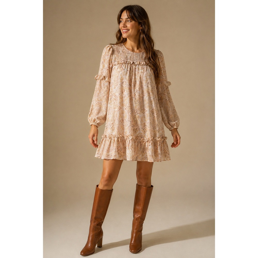 Dress Forum Blush Paisley Smocked Ruffle Mini Dress S Boho Cottage Retro Modest